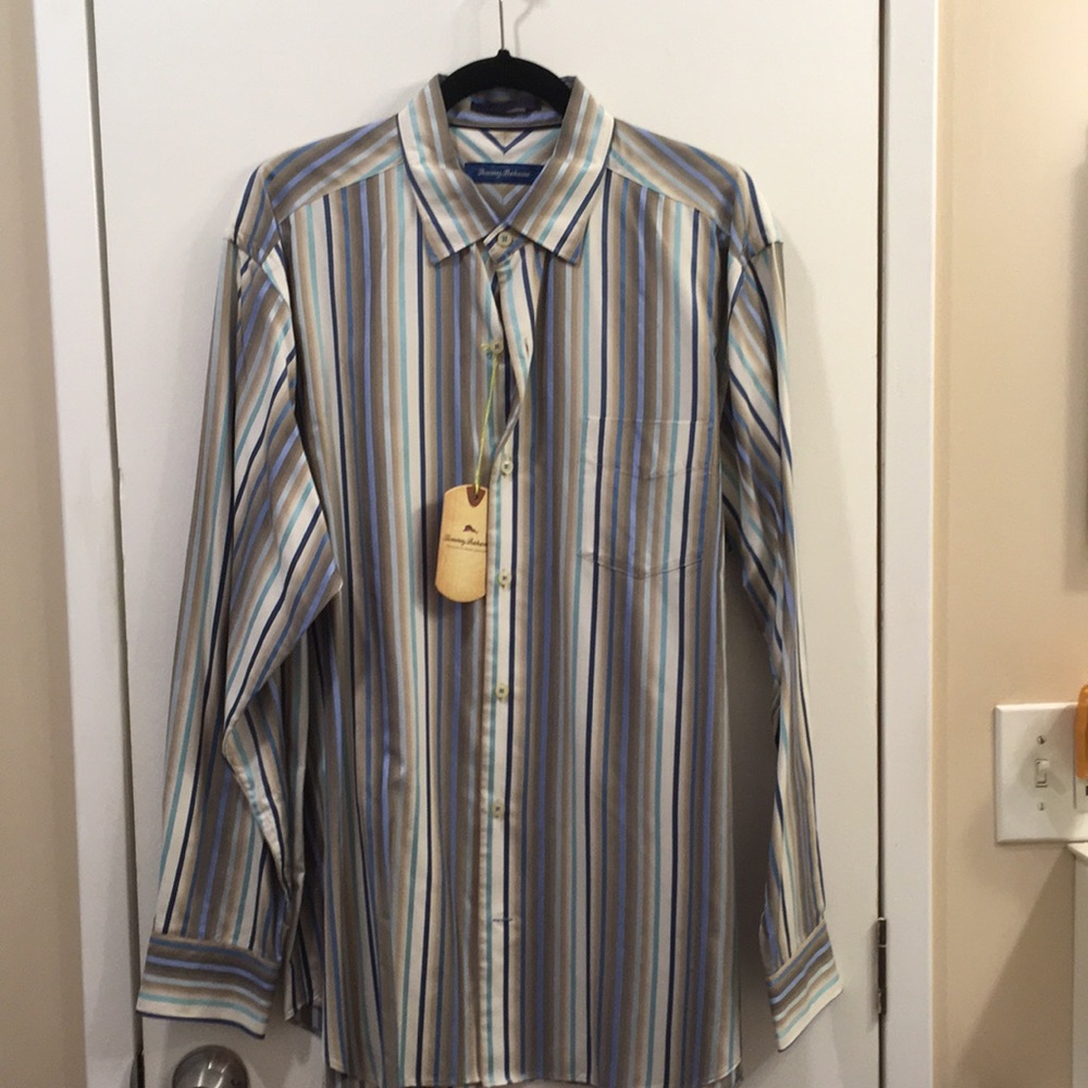 NWT Tommy Bahama Blues Beiges striped silk shirt L